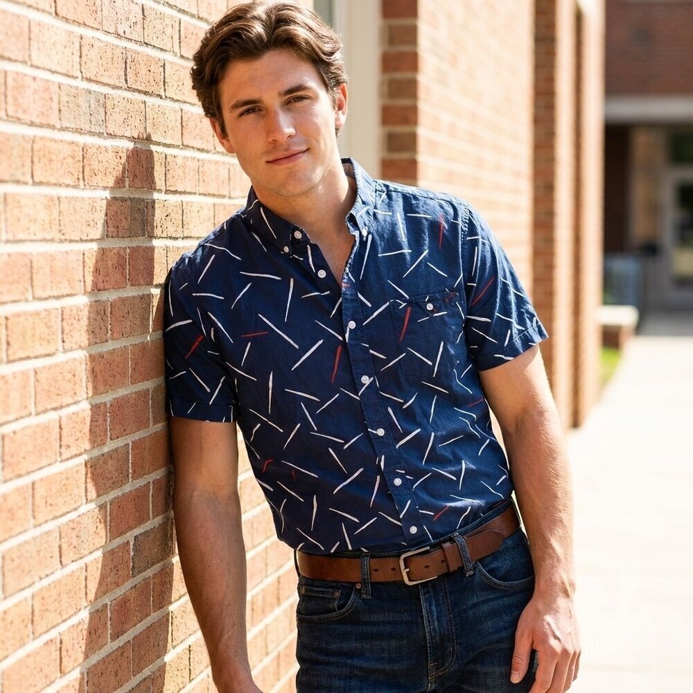 Rip Curl Men’s Large Navy Abstract Print Short Sleeve Button Up Shirt Surf Prep
